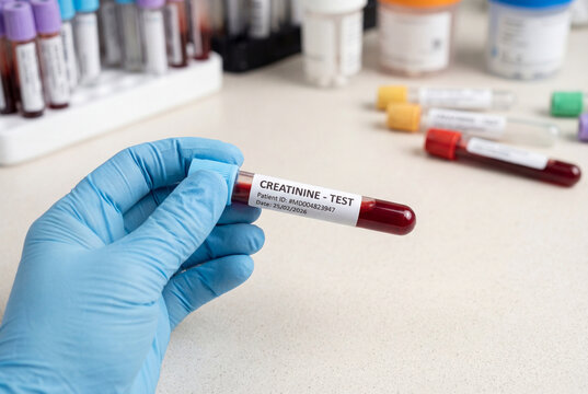 Medical professional in blue glove holding creatinine test blood sample tube
