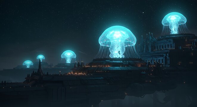 Paisagem urbana futurista iluminada &agrave; noite com estruturas brilhantes semelhantes a &aacute;guas-vivas.