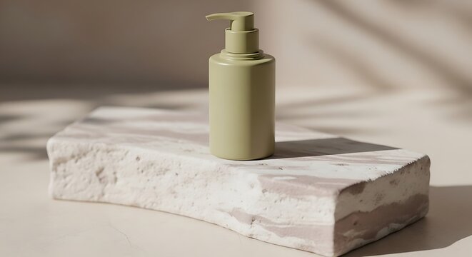 Beige cosmetic bottle with a pump dispenser standing on a stone pedestal with soft shadows in a bathroom
