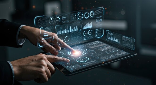 Pessoa interagindo com an&aacute;lise de dados e tecnologia de interface de tablet futurista