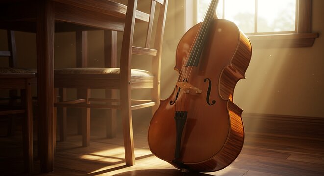 Violoncelo e cadeira perto da janela com a luz do sol entrando pelo instrumento musical.