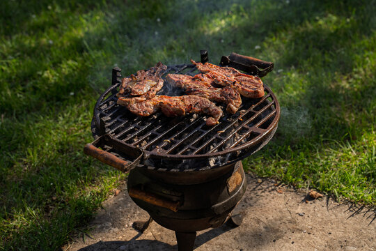 No people, Pork being grilled on vintage wrought iron grill outdoors, sunny day