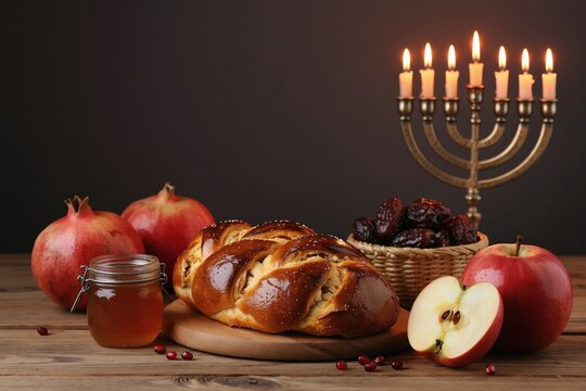 Rosh Hashanah table setting features challah bread, apples, pomegranates, dates, honey jar, and lit menorah candles. Festive Jewish New Year meal items arranged.