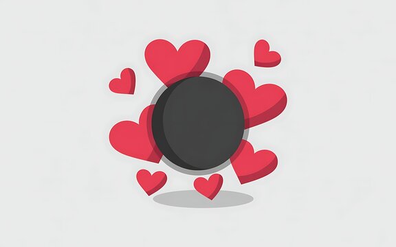 A black circle surrounded by floating red hearts on a light gray background