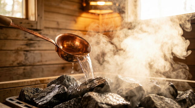 Sauna steam vigorously rising from hot stones as water is poured from copper ladle, within traditional wooden bathhouse for health and relaxation rituals.