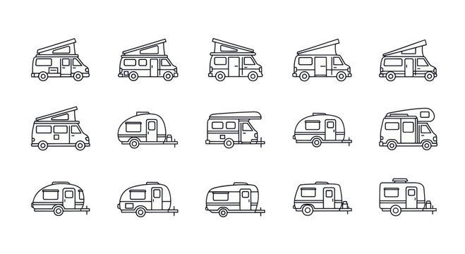 RV and Camper Van Icons: Travel and Outdoor Adventure Vehicle Collection