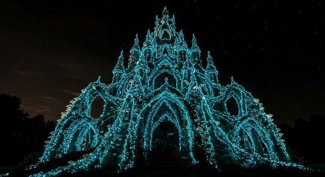 Estrutura de castelo iluminada &agrave; noite, design arquitet&ocirc;nico abstrato