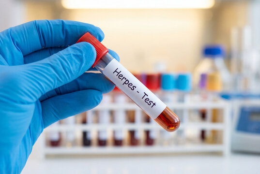Herpes simplex virus blood test sample tube held by a doctor in a medical lab