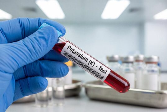 Potassium blood test tube with a sample held by a gloved hand in a medical laboratory