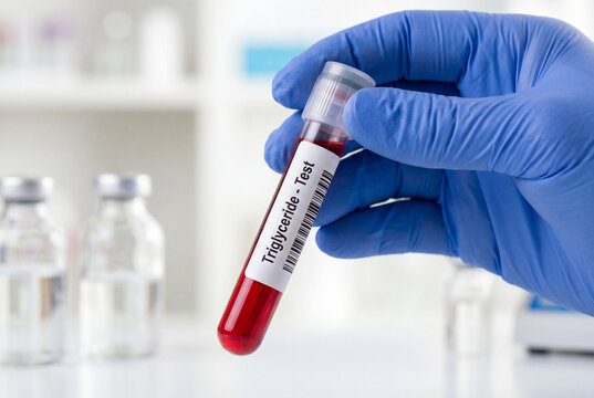 Triglyceride blood test tube with a sample held by a gloved hand for analysis