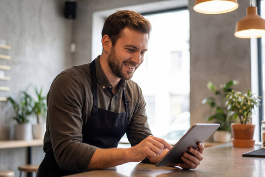 Smiling male barista in an apron using a digital tablet at a modern coffee shop counter