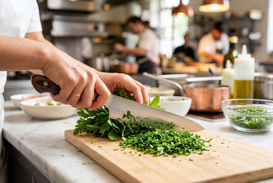 Professional chef chopping fresh green parsley with a knife on a wooden cutting board