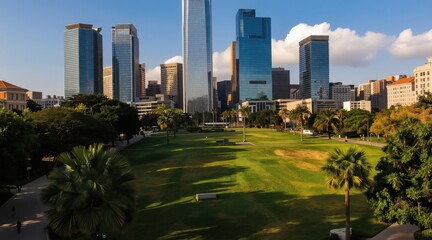 Obraz premium Green city park area with wide lawn, palm trees, and modern tall buildings in background. Sunny day with blue sky and white clouds, people walk on path.