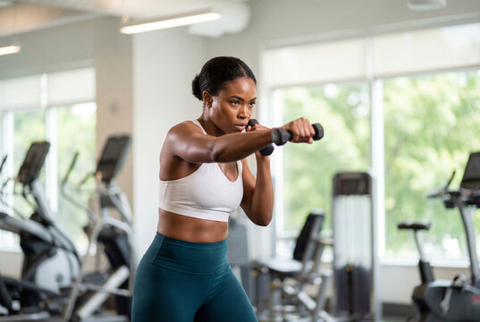 Focused woman shadowboxing with dumbbells during a fitness boxing workout session in a modern gym