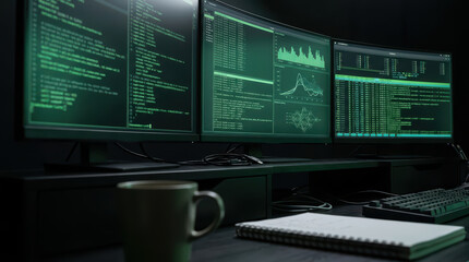 Fototapeta premium Computer monitor Programming code Data analysis Keyboard Office desk Coffee mug Notebook Technology Software development AI training Multiple screens Dark room Digital display Graph Chart Network