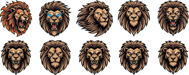 Collection of fierce lion head illustrations with diverse expressions and stylized mane details, perfect for graphic design and emblems © ACE Visual