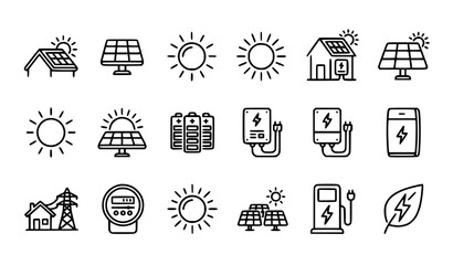 Solar energy icons set vector thin line photovoltaic home system battery renewable power illustration editable stroke © MD