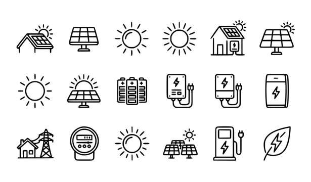 Solar energy icons set vector thin line photovoltaic home system battery renewable power illustration editable stroke