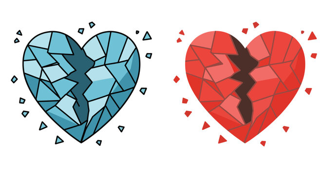 Conceptual digital illustration of two distinctly colored shattered hearts, blue and red, symbolizing emotional pain, heartbreak, and significant relationship challenges