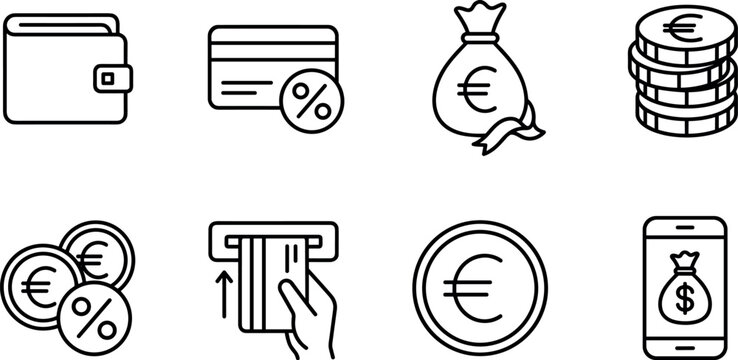 Collection of Banking and Finance Line Icons Featuring Euro Currency Wallet Credit Card and Mobile Payment Vector