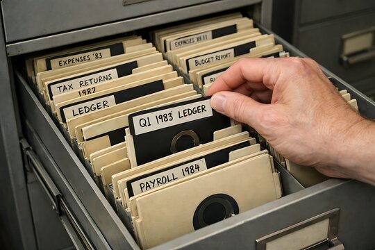 Hand Retrieving Vintage Q1 1983 Ledger from Archival Filing Cabinet