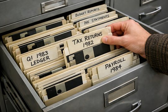 Hand Retrieving "Tax Returns 1982" from Vintage Filing Cabinet