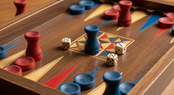 Close-up of a wooden backgammon board with red and blue checkers and dice, ready for a game.