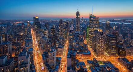 Naklejka premium Breathtaking aerial view of new york city skyline at dusk with illuminated skyscrapers and streets