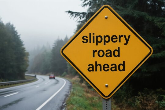 Yellow diamond sign warns drivers of slippery road ahead. A wet asphalt highway curves through a foggy forest landscape. A red car travels on the wet road during rain.