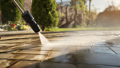 Naklejka premium Close-up of a pressure washer cleaning a dirty brick patio in a home backyard, illustrating professional outdoor maintenance and property upkeep