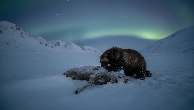 Wolverine (Gulo gulo) eating frozen deer in snow on night scene in winter season, Svalbard, Norway.