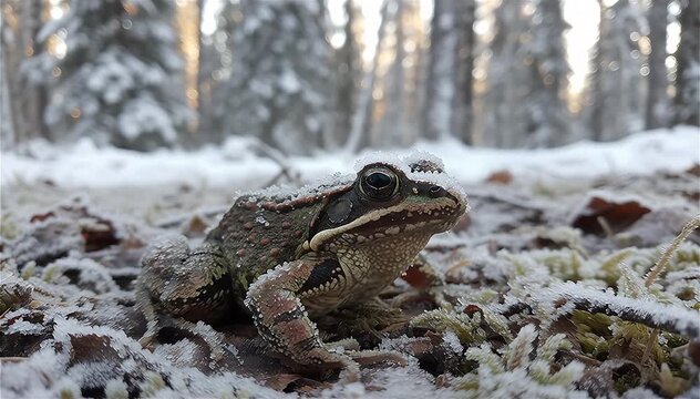 The Wood Frog (Lithobates sylvaticus or Rana sylvatica) in Alaskan forest. This creature can tolerate freezing of its blood vessels for a long duration. It also can hibernate during the winter