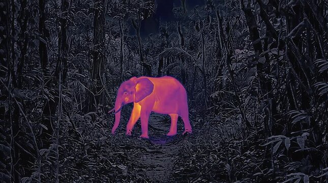 The African Forest Elephant (Loxodonta cyclotis) is a forest dwelling elephant of the Congo Basin. Thermal detecting camera at night.
