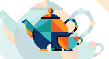Fototapeta premium Geometric Teapot and Cup Illustration, Abstract Mid-Century Modern Style