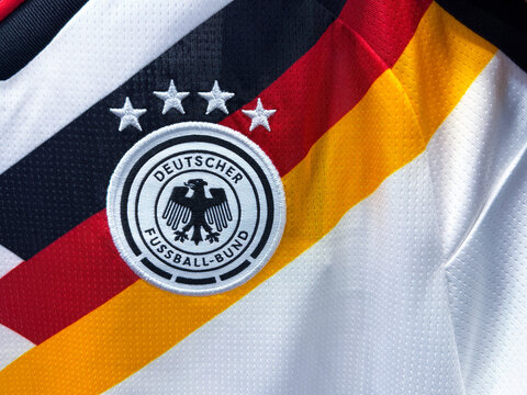 Calgary, Alberta, Canada. May 4, 2026. Close-up of the Germany national football team crest and four stars on a white and striped jersey.