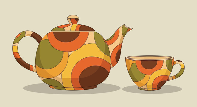Retro Teapot and Cup with Mid-Century Modern Pattern