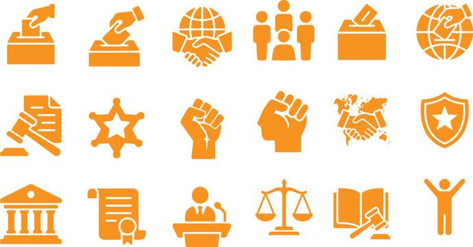Government and voting icon set with government election democracy campaign constitution grievance building parliament diplomacy handshake authority activism politics legislature activist