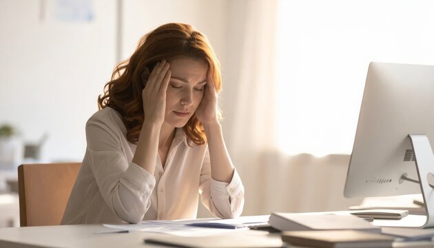 Stressed Woman Working Late at Desk with Computer.