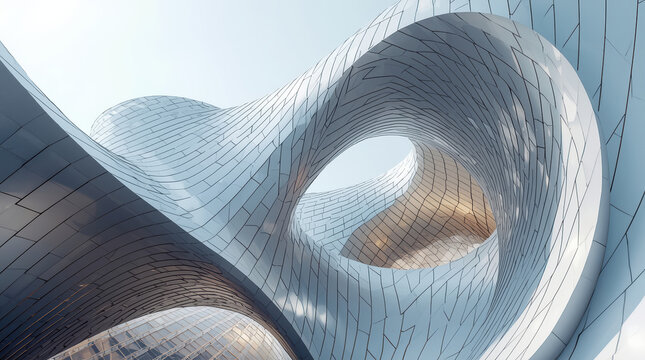 Parametric architecture metallic curve structure fluid form modern facade serene lighting