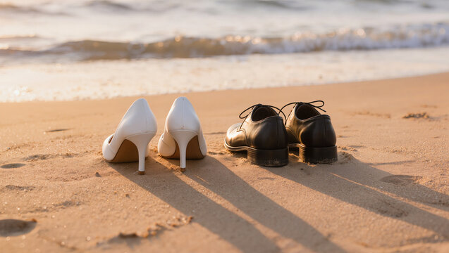 Wedding shoes and accessories arranged on sandy beach, bridal styling flat lay by the ocean, destination wedding details and elegant accessories concept