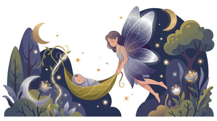 Naklejka premium Whimsical nighttime scene a gentle fairy cradles a sleeping baby in a leaf hammock amidst glowing flora and crescent moons, serene vector illustration