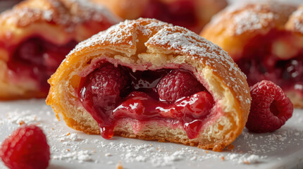 Obraz premium Raspberry pastry with glossy fruit filling and powdered sugar, luscious and vivid