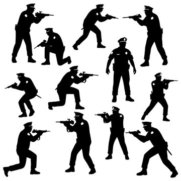 Police Officer Silhouettes with Rifles and Firearms