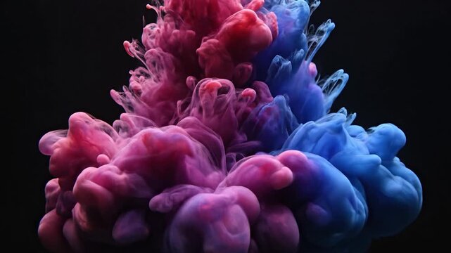 Two clouds of colored liquid mixing in dark water