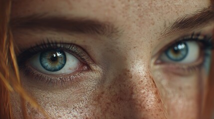 Naklejka premium Close-Up Portrait of a Young Woman with Freckles and Striking Blue Eyes, Capturing Natural Beauty and Expressive Features in Soft Light