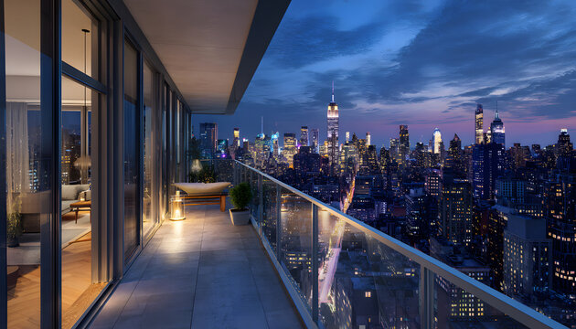 Luxury penthouse terrace overlooks Manhattan skyline at twilight with city lights. Modern apartment balcony with glass railing and ambient floor lighting, interior visible.