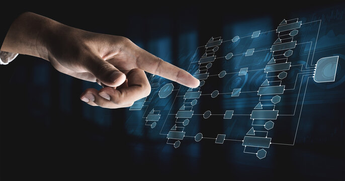 Hand Interacting with Digital Flowchart Interface for Innovative Technology and Business Solutions in Modern Workspace Quark.