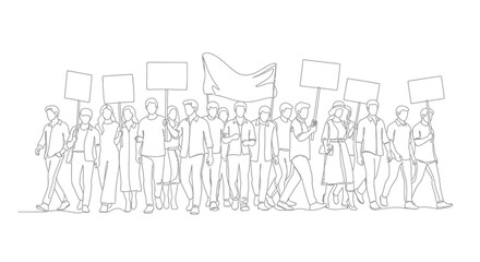 Fototapeta premium Protestors Marching with Blank Signs and Banner - Line Art Illustration