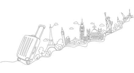 Obraz premium World Landmarks Travel Illustration with Suitcase - Global Tourism Concept