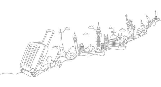 World Landmarks Travel Illustration with Suitcase - Global Tourism Concept